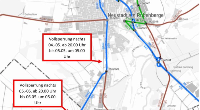 B442 zwischen Neustadt und Wunstorf wird zwei Nächte voll gesperrt