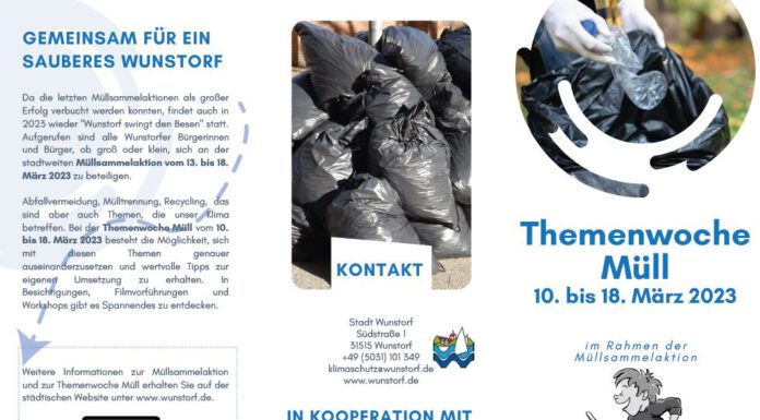 Spannende Veranstaltungen in der Themenwoche Müll – Anmeldungen ab sofort möglich Themenwoche Müll 2023. Flyer der Stadtverwaltung Wunstorf