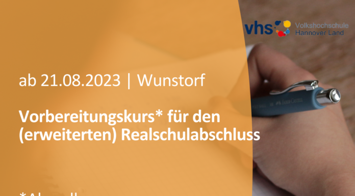 Im Abendkurs zum Realschulabschluss – Neuer Kurs bei vhs Hannover Land in Wunstorf startet am 21. August 2023 Im Abendkurs zum Realschulabschluss - Neuer Kurs bei vhs Hannover Land in Wunstorf startet am 21. August