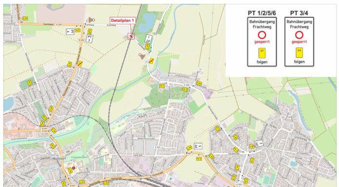 Sperrung des Bahnübergangs Frachtweg (K334) vom 20.04.-22.04.2024 Sperrung des Bahnübergangs Frachtweg (K334) vom 20.04.-22.04.2024