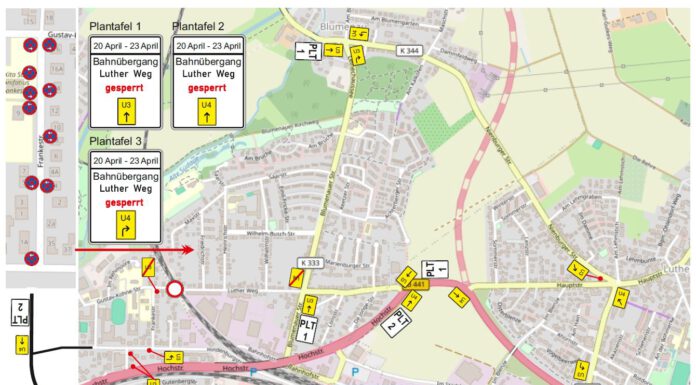 Sperrung des Bahnübergangs Luther Weg/Gustav-Kohne-Straße vom 20.04. bis 23.04. Sperrung des Bahnübergangs Luther Weg/ Gustav-Kohne-Straße vom 20.04. bis 23.04.