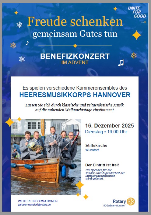 Freuen Sie sich auf die Klangfarben des Advent Freuen Sie sich auf die Klangfarben des Advent beim Benefizkonzert des Rotary-Clubs Garbsen-Wunstorf am 16. Dezember 2025