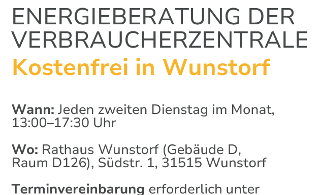 Kostenfreie Energieberatung in Wunstorf ab März 2026 für alle Bürger Energieberatung der Verbraucherzentrale: Kostenlose Hilfe für alle Bürger im Rathaus. Informieren und profitieren