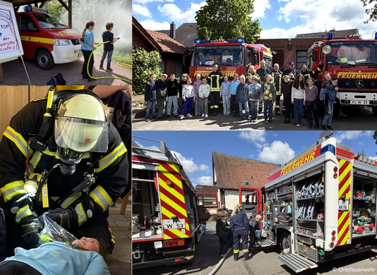 Feuerwehr Kolenfeld zeigt Kindern ihren Alltag Feuerwehr Kolenfeld zeigte einer 4. Klasse der Grundschule Kolenfeld, wie Menschenrettung, Fahrzeuge und Löschübung im Alltag ablaufen