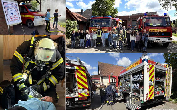 Feuerwehr Kolenfeld zeigt Kindern ihren Alltag Feuerwehr Kolenfeld zeigte einer 4. Klasse der Grundschule Kolenfeld, wie Menschenrettung, Fahrzeuge und Löschübung im Alltag ablaufen