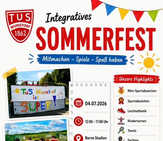 Integratives Sommerfest in Wunstorf beim TuS Integratives Sommerfest in Wunstorf beim TuS: Der Verein lädt am 04.07.2026 auf den Sportplatz an der Rudolf-Harbig-Straße ein