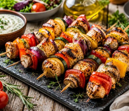 Grillgenuss mit mediterranen Hähnchenspießen und buntem Sommergemüse