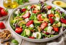 Leichter Sommersalat mit Feta, Erdbeeren und Honig-Senf-Dressing
